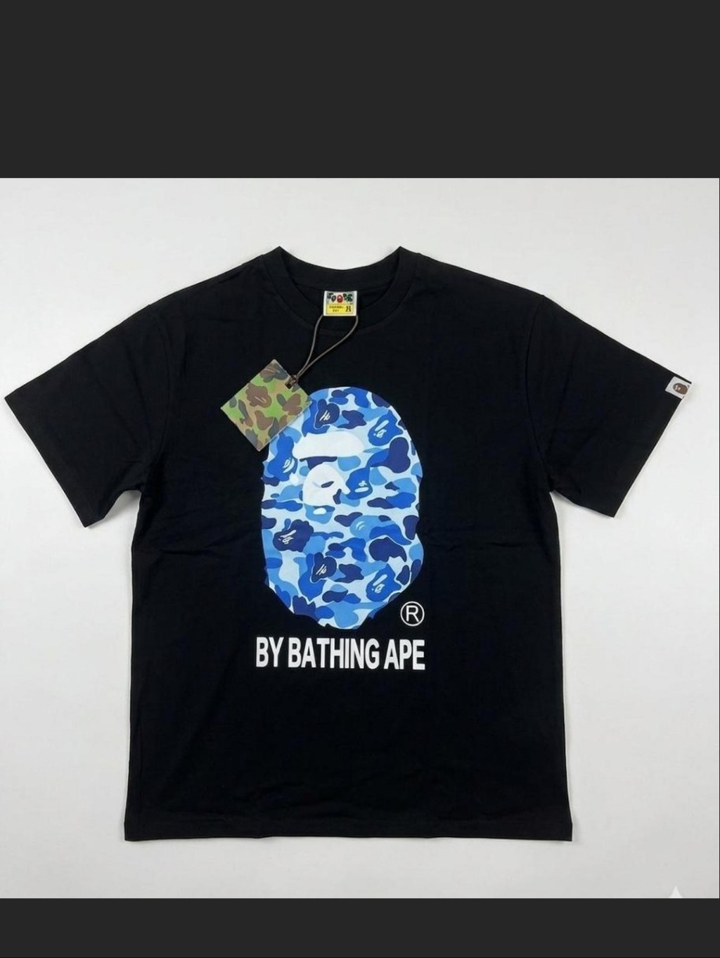 Bape Black Short Sleeve Tee With Blue Camo Ape Head